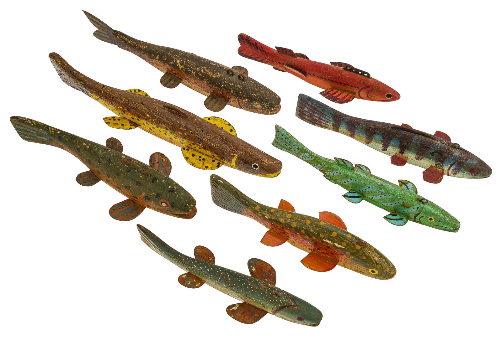 8 Vintage Fish Decoys: A group of 8 mid 20th c fish decoys, trout, suckers, bait fish. 10" to 6"