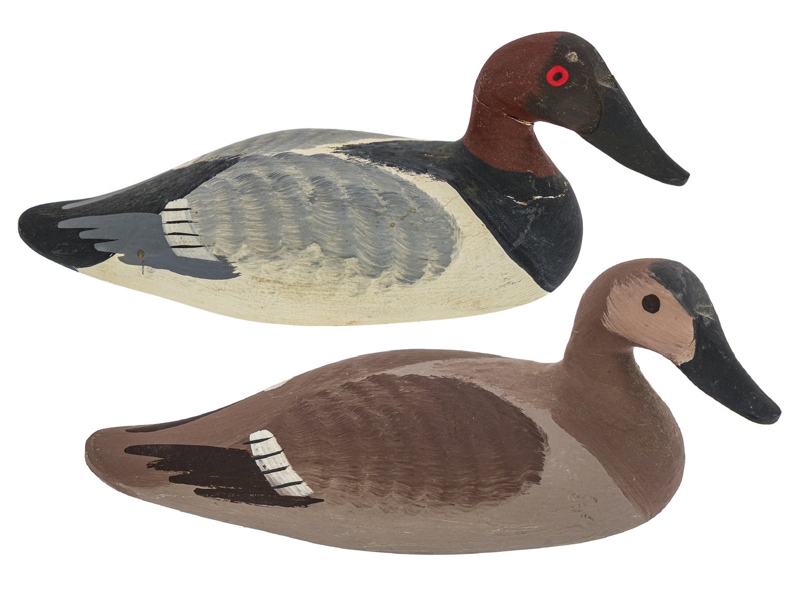 Pair Miniature Canvasback Decoys: Havre de Grace Maryland miniature Canvasback duck decoy signed by Captain Harry Jobes (MD 1936-2019) 6" long, turned heads, Light wear. Overall good condition.