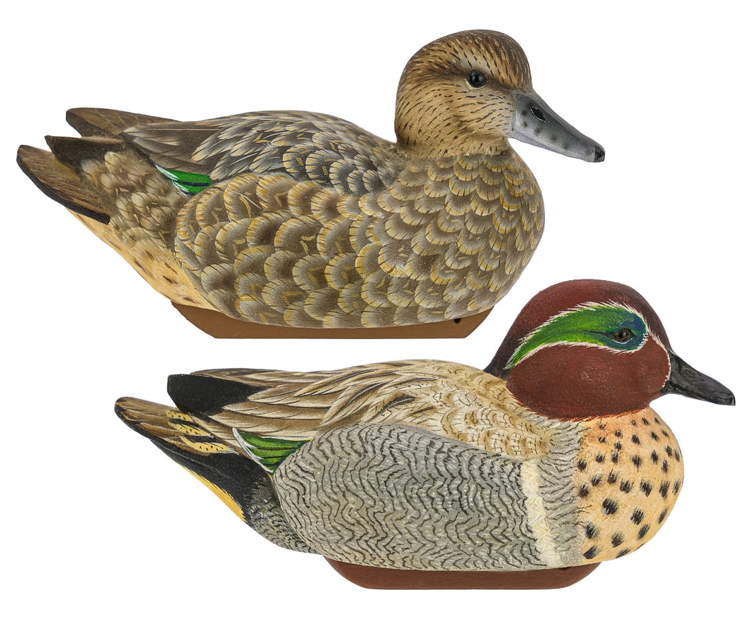 Pair Miniature Green Wing Teal Decoys: Pair of miniature Green Wing Teal decoys signed James White. Fine carving, detailed, good overall condition, glass eyes, 6 1/2" long.