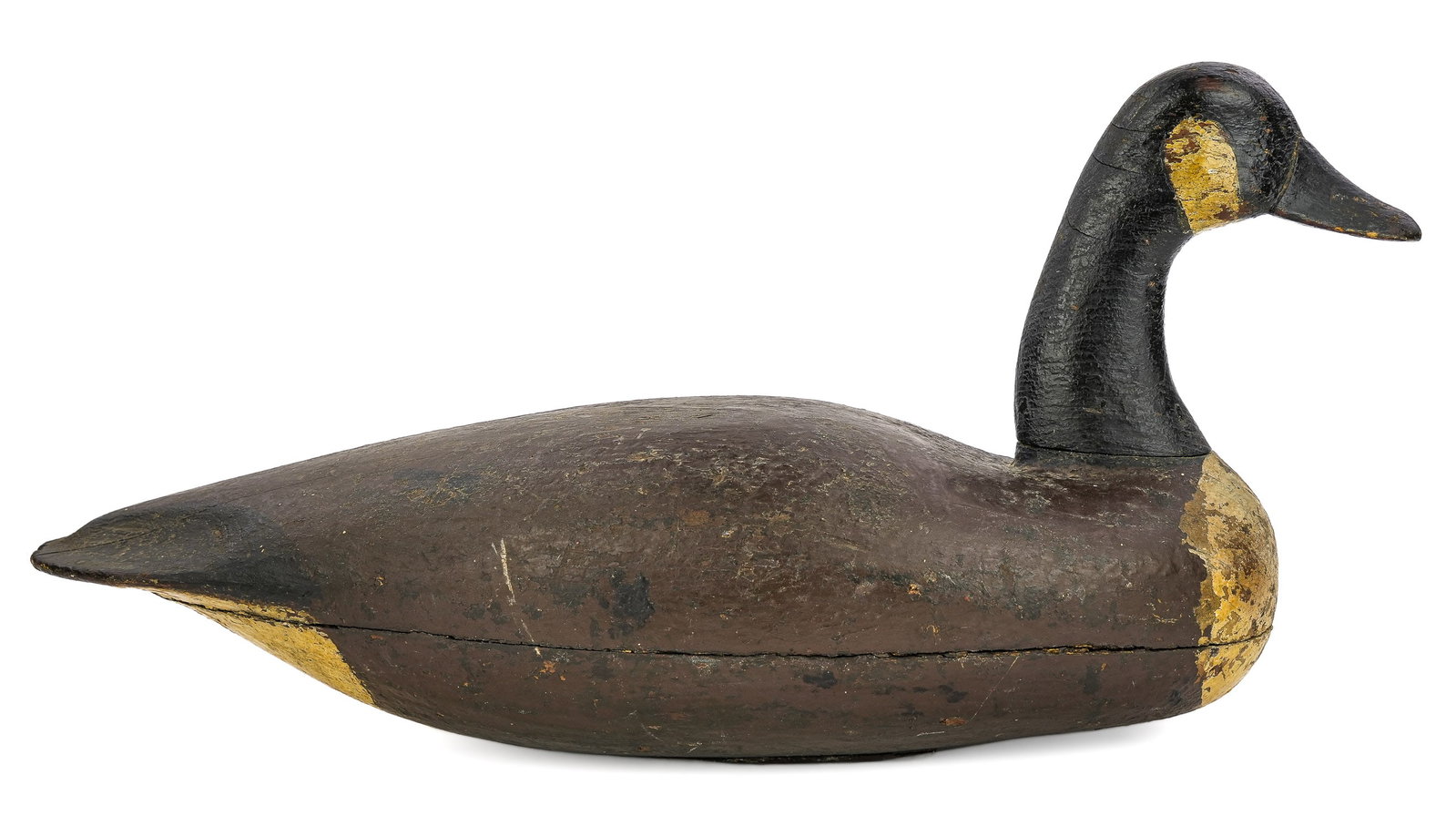 19th c Canadian Goose Hollow Body Decoy: 19th or early 20th c hollow body Canadian Goose decoy. Applied rectangular lead weight, original paint, working bird condition. 21" long.
