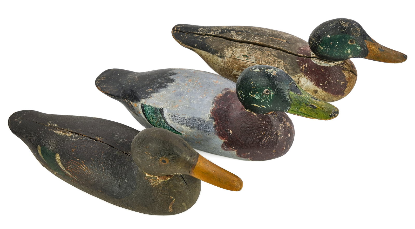 3 Mason Mallard Decoys: A group of 3 Mason Mallard decoys. Drake with tack eyes, hen with paint eyes, drake with glass eyes and carved bill. All in various condition states.