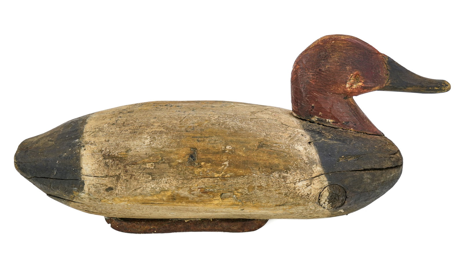 19th c Canvasback Decoy: 19th c Canvasback Decoy. Branded Congo Middle River. Inset bar weight. Square nails, worn original paint. 15" long.