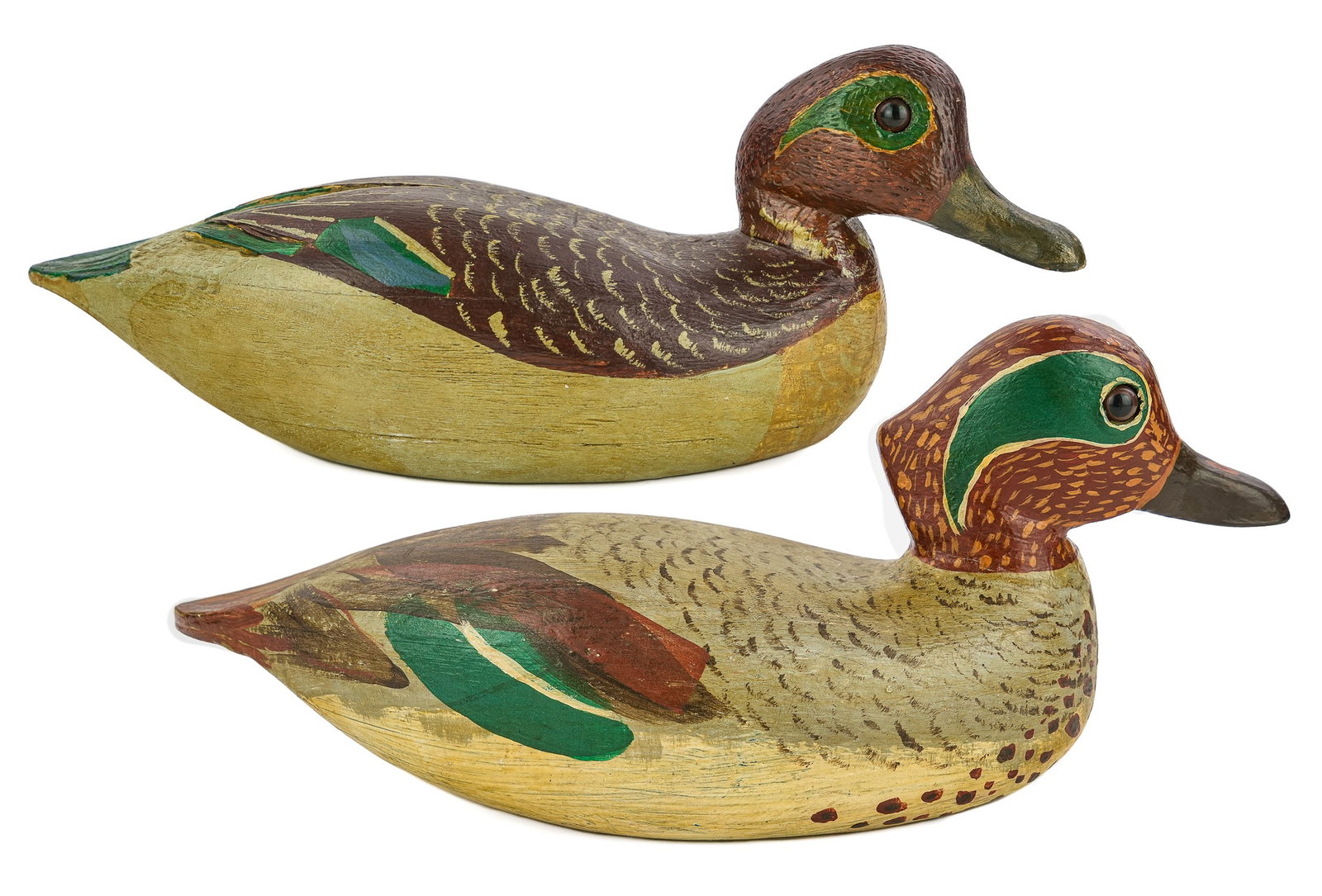 2 Green Wing Teal Decoys: 2 mid 20th c Green Wing Drake Teal decoys. Possibly California. Glass eyes, good condition. 12" long.