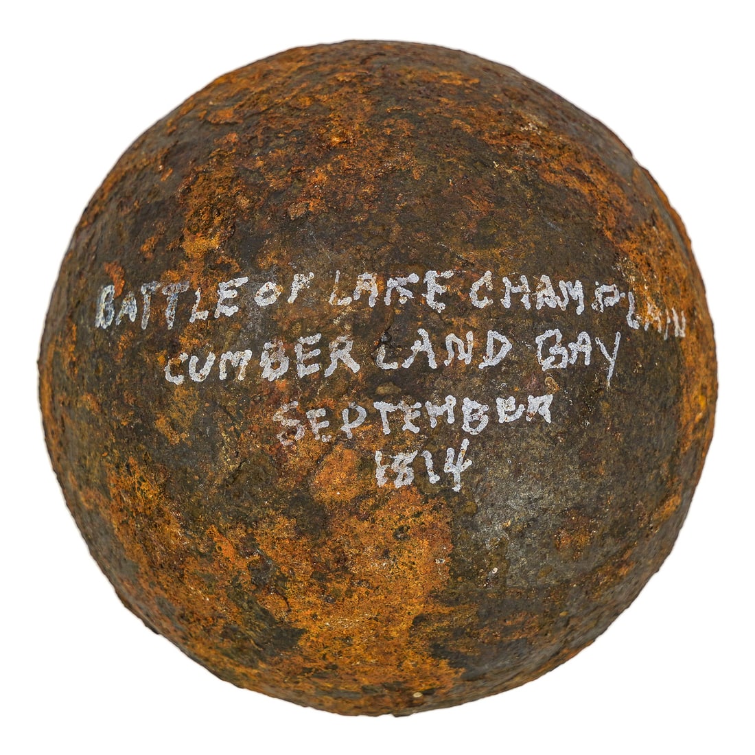 1814 Battle of Plattsburgh 9 pound Cannon Ball: 1814 Battle of Plattsburgh Cumberland Bay 9 pound cannon ball from one of Macdonough's sunken ships, from the collection of Stephen R Allen of Plattsburgh, NY-purchased directly from Craig Lonergan, w