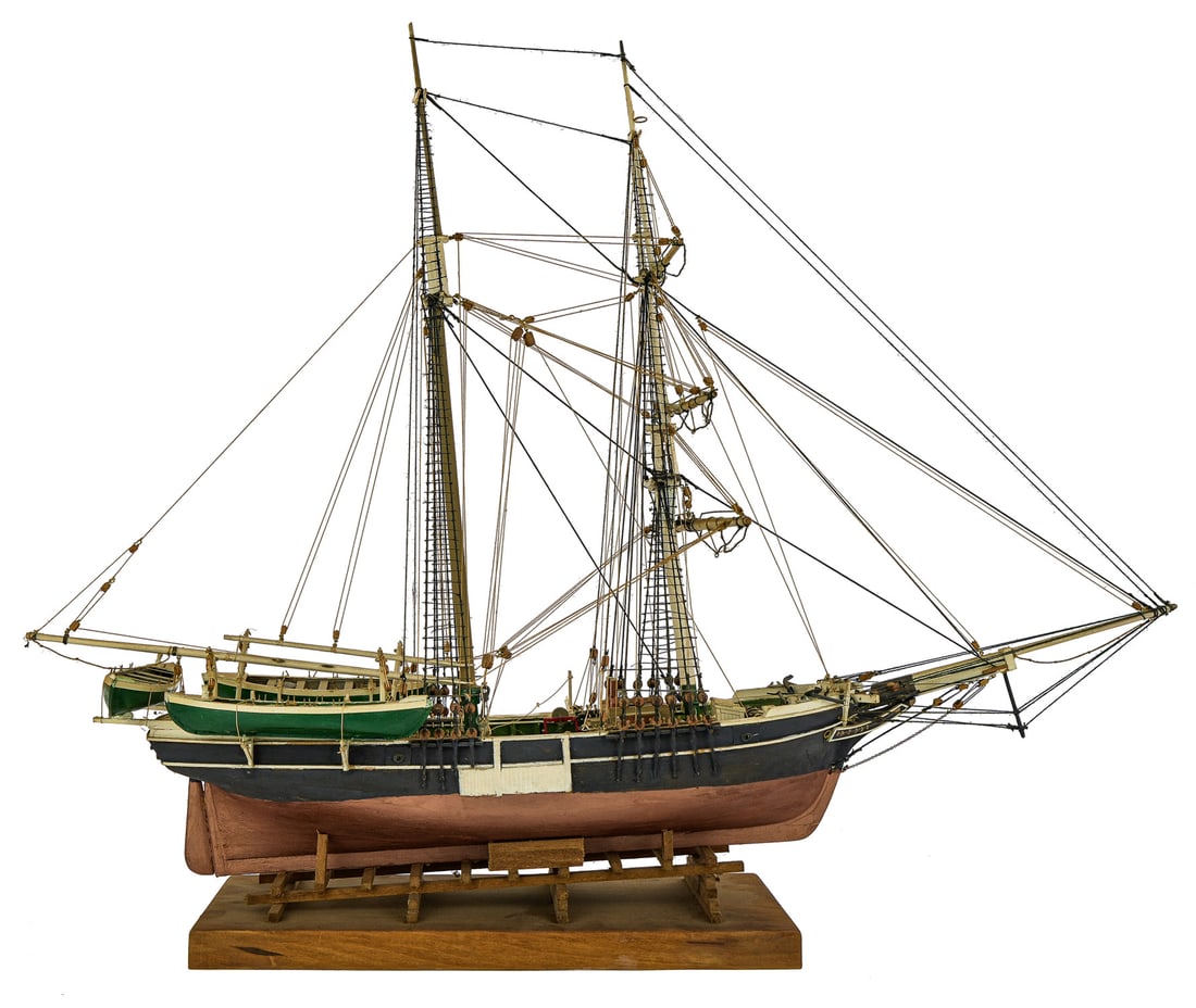William Kissam Ship Model of a Brigantine: William (Bill) Kissam (1931-2023), Westport, NY hand made wooden ship model of a brigantine sailing vessel, length 23" , ht 20"(local pick-up required due to fragility and difficulty to ship)