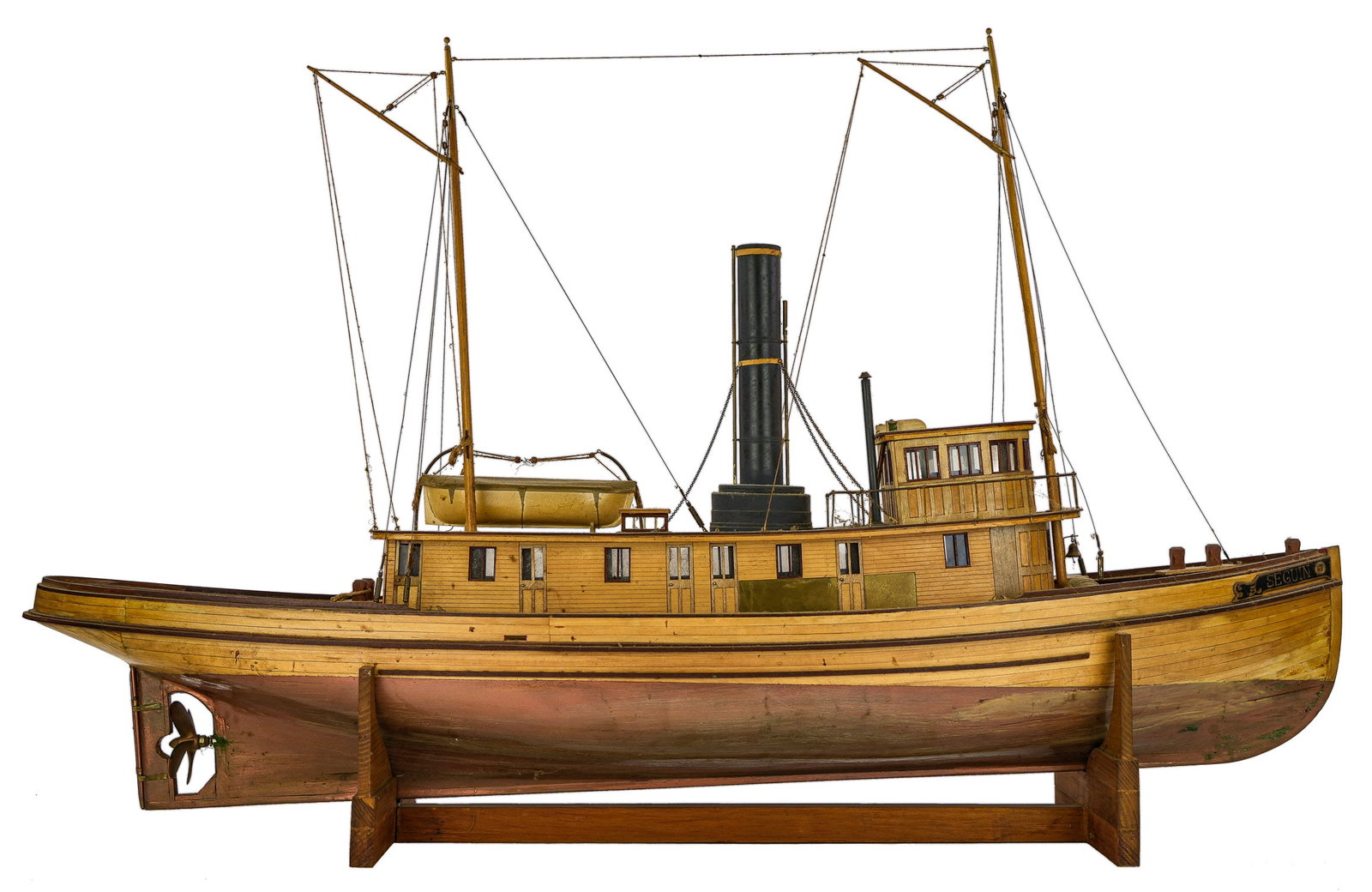 William Kissam Ship Model Seguin Tug Boat: William (Bill) Kissam (1931-2023), Westport, NY hand made wooden ship model of the 1884 Kennebec River tug boat the "Seguin", length 38", ht 25" (local pick-up required due to fragility and difficulty