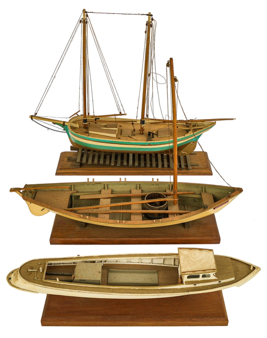 Three William Kissam Ship and Boat Models: Three William (Bill) Kissam (1931-2023), Westport, NY hand made wooden ship and boat models- 1934 "Martha" a fisshing boat out of Hoopersville, MD (length 16", the "Harvey W" a single masted sail boat