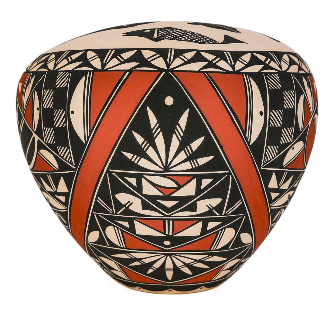 C B Garcia Acoma Pueblo Seed Pot: C B Garcia, Acoma Pueblo, New Mexico seed pot with geometric designs, signed on base, ht 6 1/2", diameter 7 1/2"