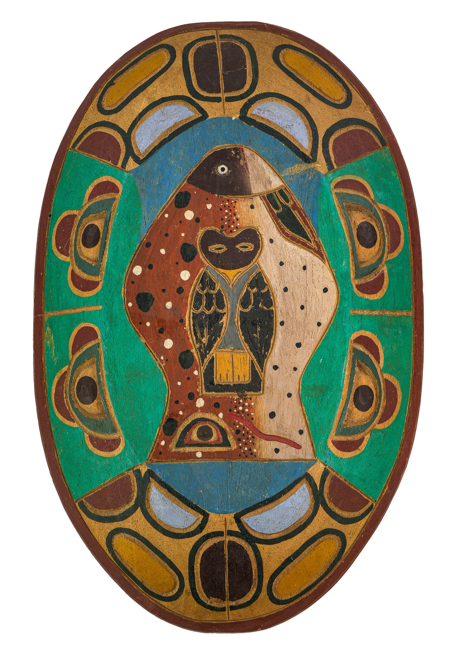 Pacific Northwest Carved Wooden Tray: Mid 20th c Pacific Northwest carved wooden fish tray with polychrome paint decoration, eagle and fish motif, likely Tlingit for a potlatch, 13" x 21"