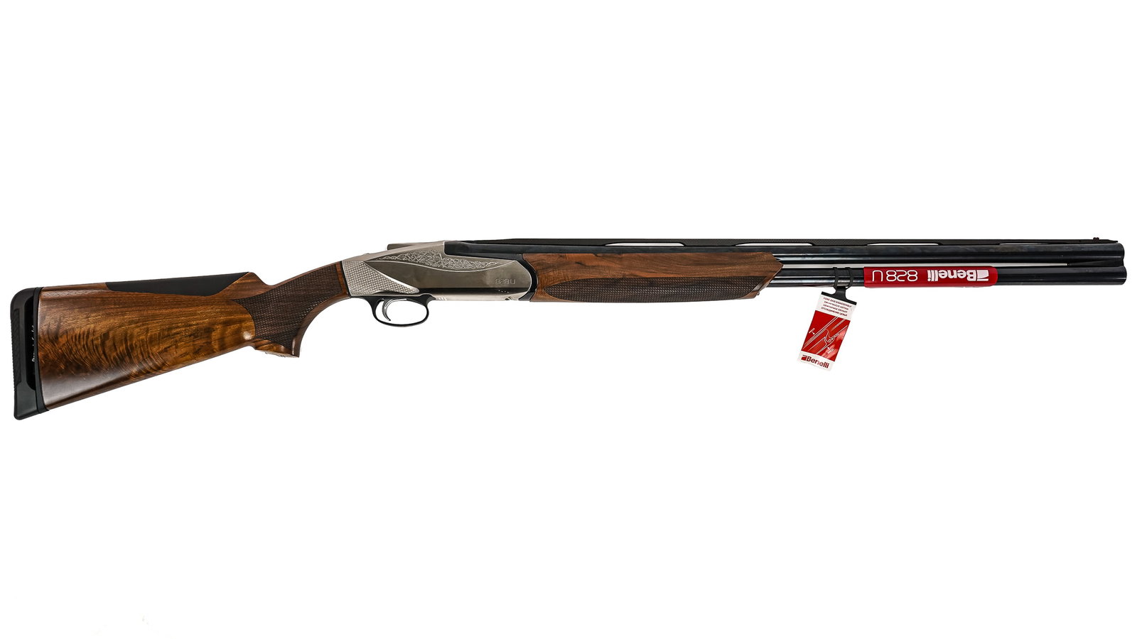 Benelli 828 U Over and Under Shotgun: Benelli 828 over and under shotgun in 12 gauge with 28" ribbed barrel, unfired with hardshell case, accessories, and paperwork, firearm retains tags etc. FFL 0025- - THIS FIREARM REQUIRES A 4473 BACKG