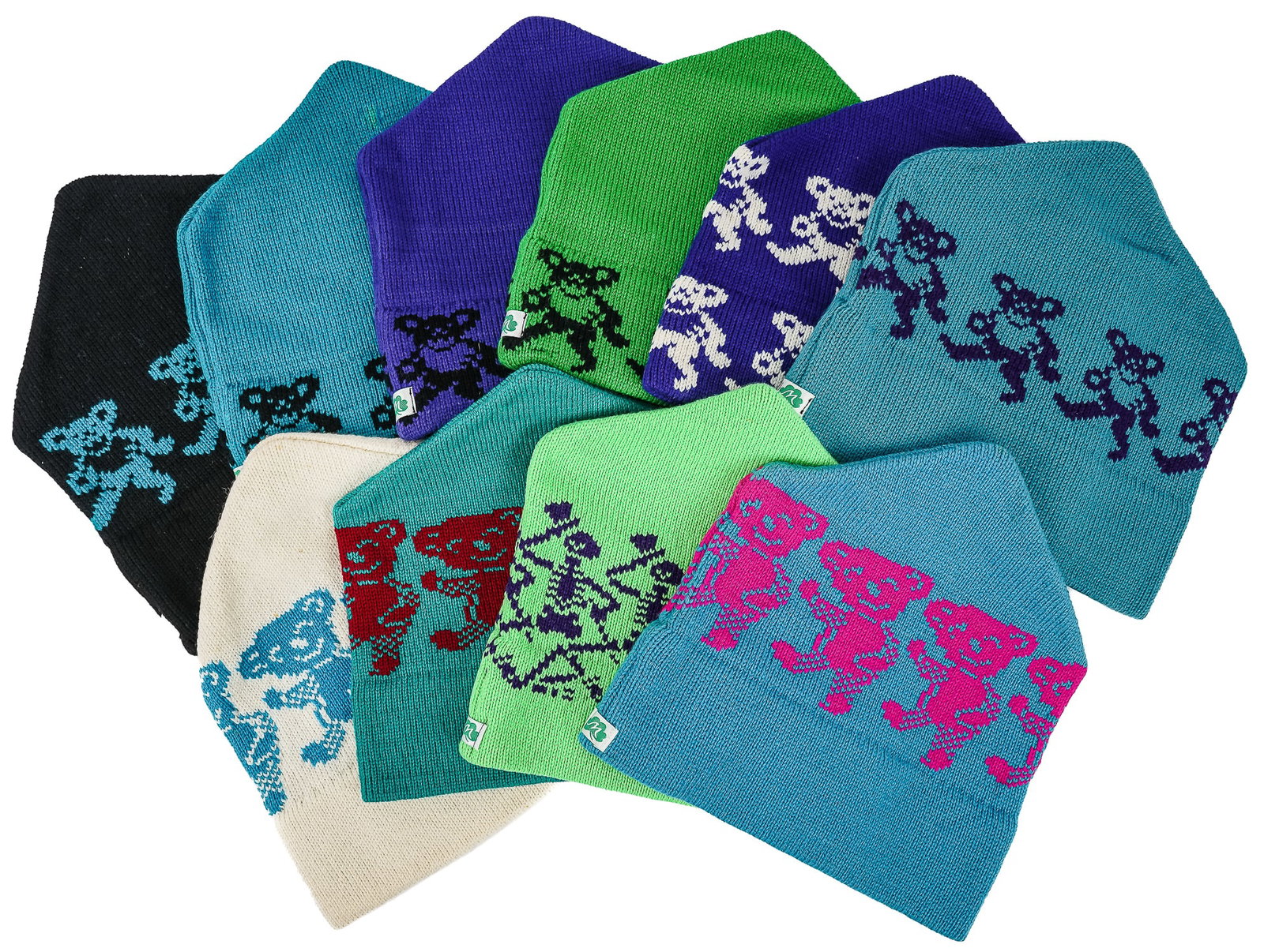 Moriarty of Stowe VT Greatful Dead Hats: NOS Vintage Moriarty OF Stowe Wool greatful dead hats in unworn new old stock condition with Skeletons, Dancing Bears and Steal Your Face Emblem. In various colors and sizes. Approxiately 40 pieces.
