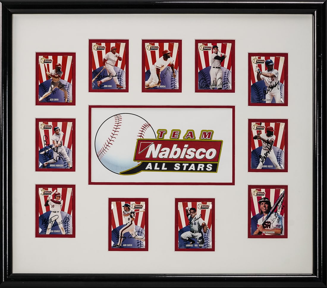 11 Team Nabisco Autographed Baseball Cards: Fine framed group of 11 team Nabisco signed baseball cards including Steve Garvey, George Foster, Dot Richardson, Lawrence Yogi Berra, Gary Carter, Mike Schmidt, Brooks Robinson, Ozzie Smith, John Kru