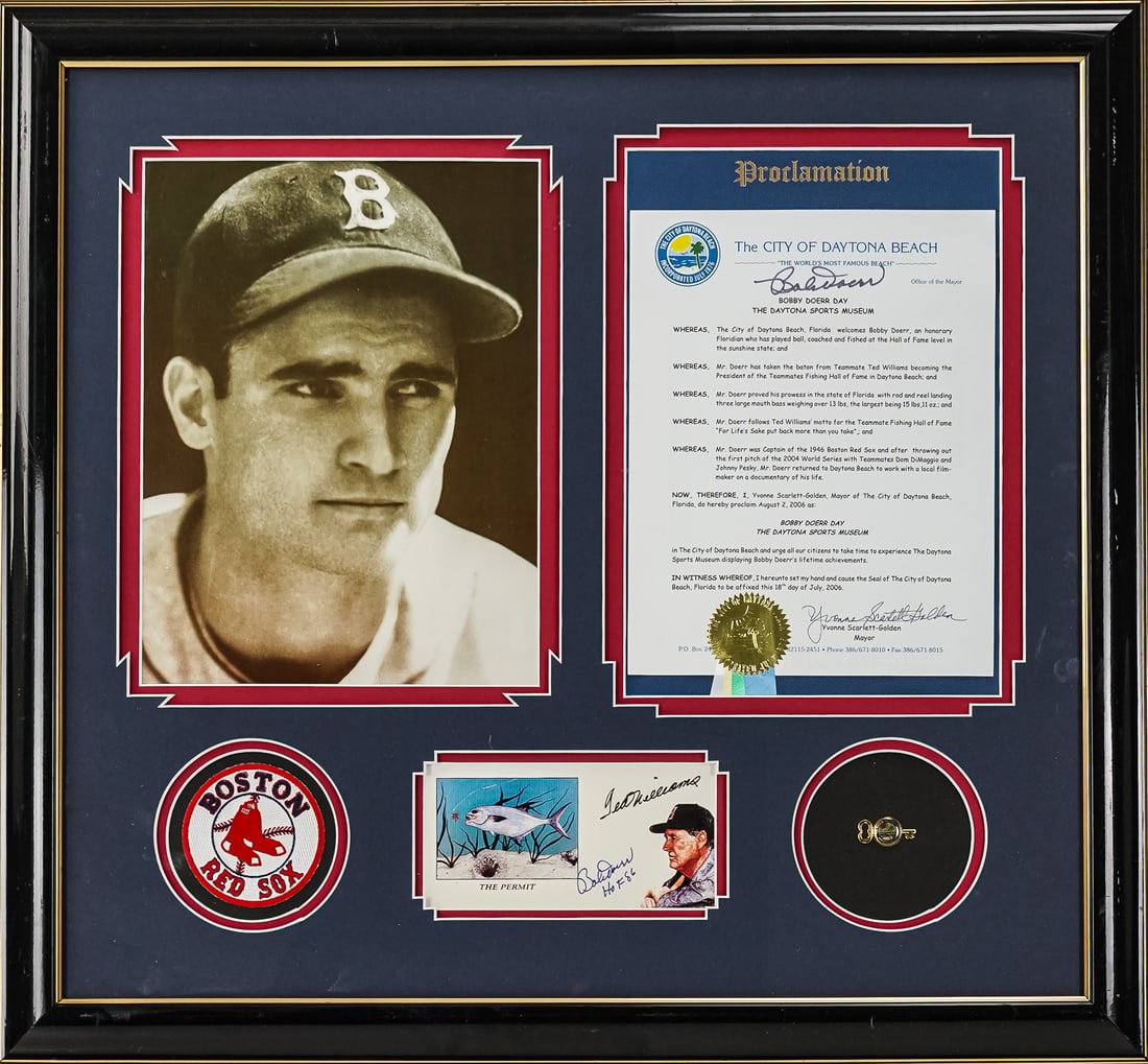 Bobby Doerr Boston Red Sox Framed Archive: Bobby Doerr Boston Red Sox framed archive with black and white portrait, Autographed City of Daytona Beach Proclamation, Bob Doerr HOF 86 autographed on Ted Williams card (Note - Ted Williams signatur