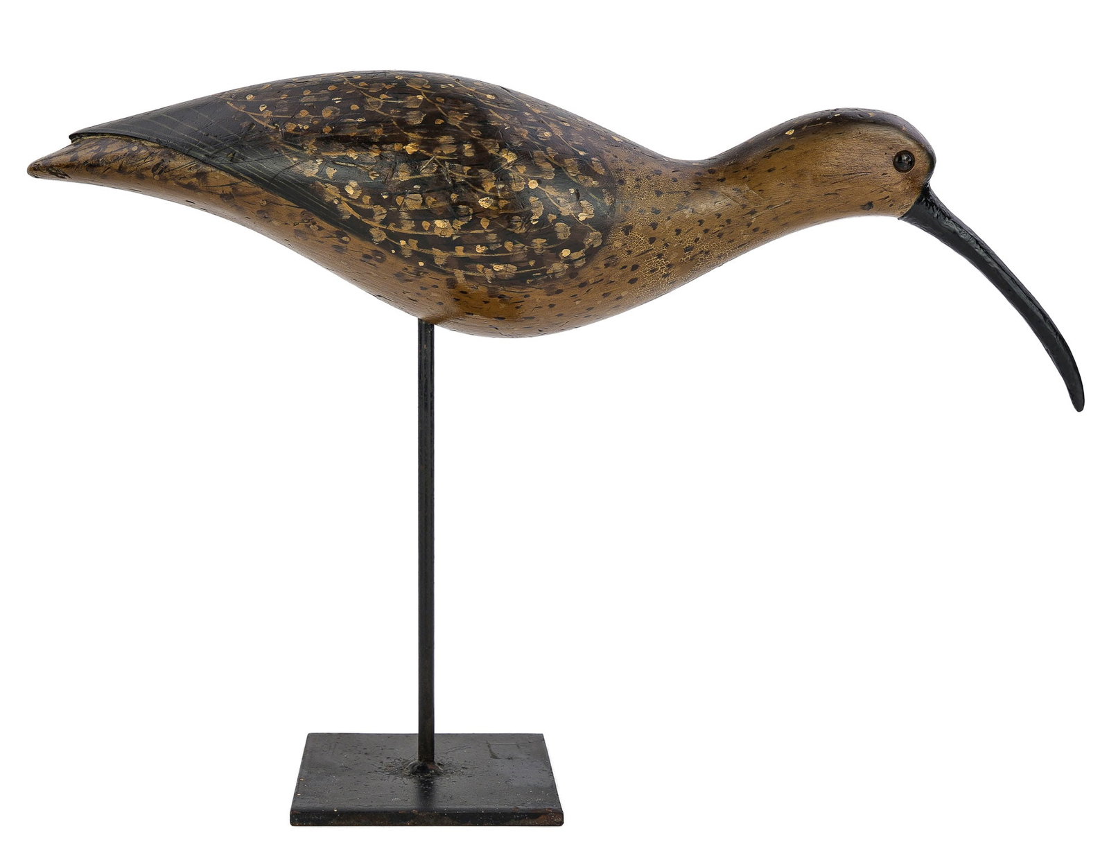 Curlew Pete "Hurricane" Peterson Decoy: Pete "Hurricane" Peterson (VA, b. 1944), Curlew decoy. Branded PETE, Cape Charles, Virginia. 17" long. Good condition. On iron stand.