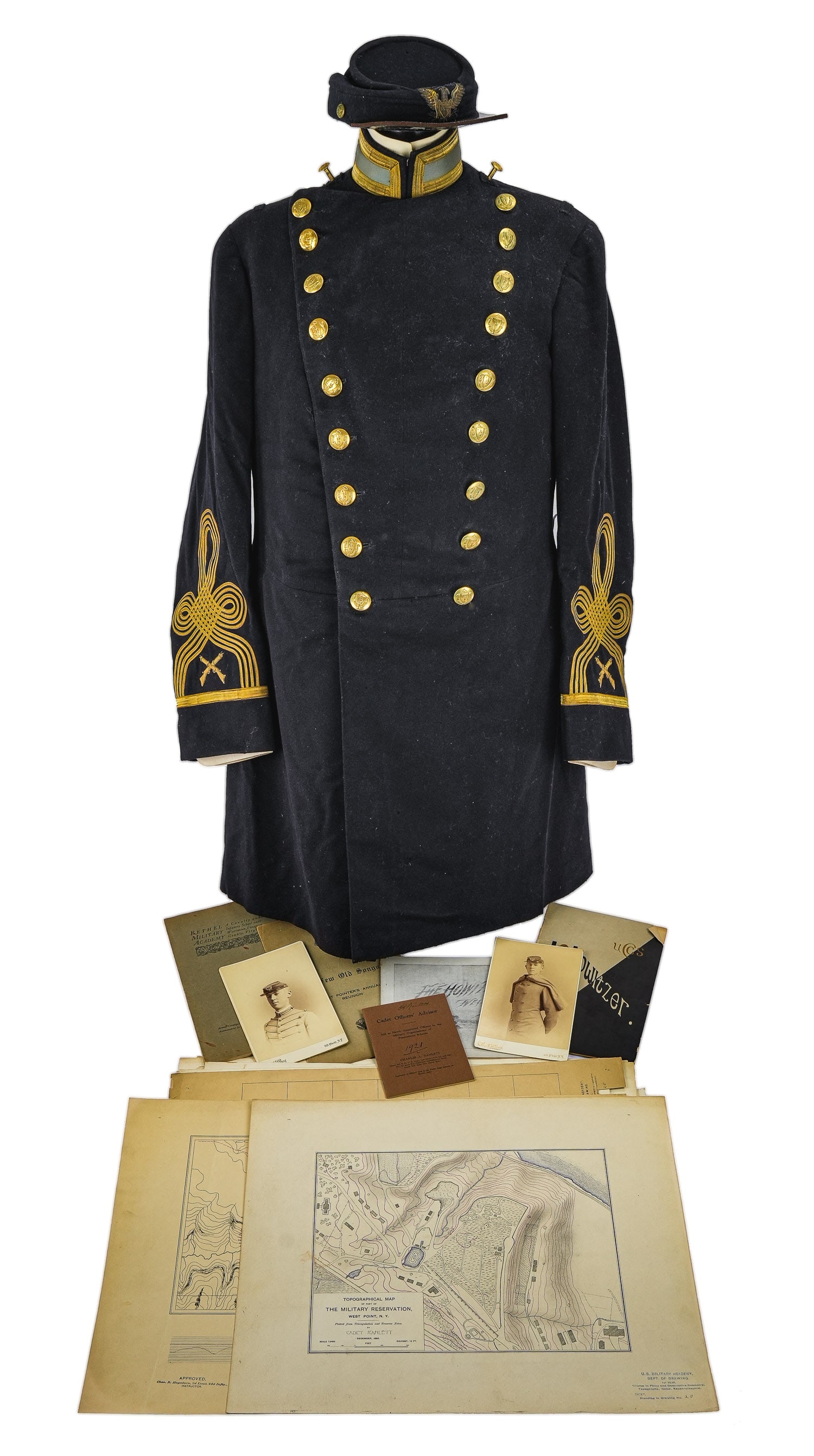 1894 US Military Academy Uniform, Ephemera: 1894 US Military Academy at West Point uniform from Col Charles A Ranlett (Billerica, MA 1874-1961) with coay, pants, kepi cap, West Point cadet materials, photos, kepi, classroom papers and drawings,