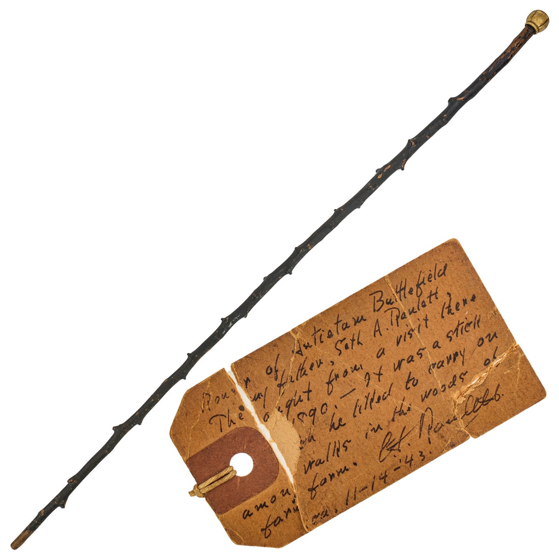 Col Seth Ranlett Souvenir of Antietam Battlefield: Col. Seth Ranlett (1840-1905) Souvenir of Antietam Battlefield cane that he made while on a visit in 1890, with old note, length 38"