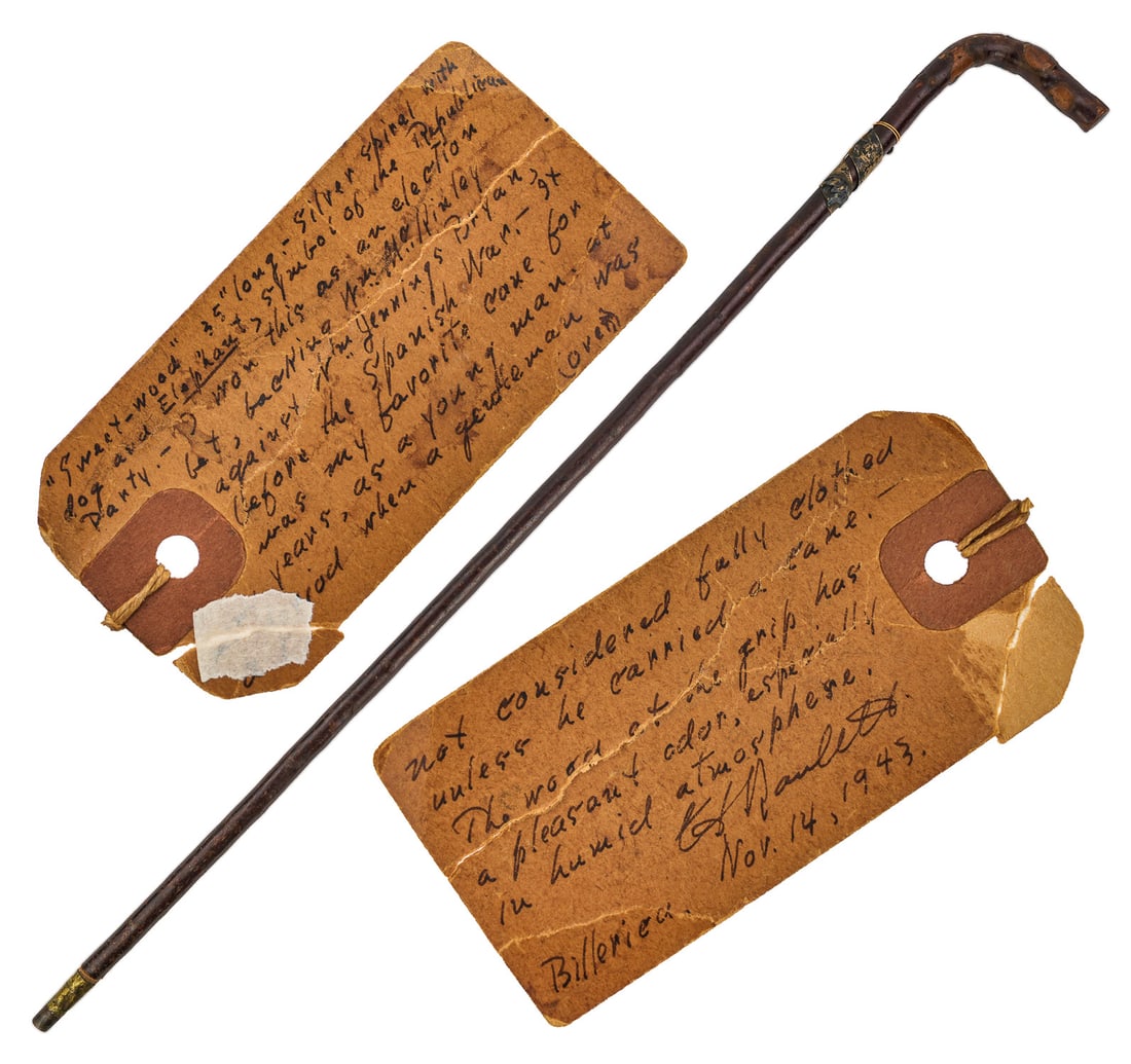 Col Charles Ranlett McKinley/ Bryan Election Ccane: Col Charles Ranlett (1874-1961) cane won on a bet on the Wm McKinley/ Wm Jennings Bryan Presidential race, with silver strip with dog and elephant (Republican Party), with old note, length 35"