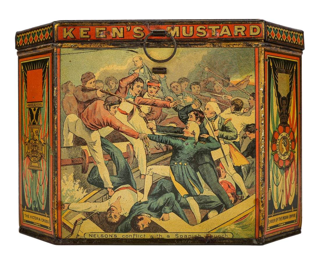 Keen's Mustard Horatio Nelson Litho Tin: Keen's mustard tin, color litho, with scenes of Lord Horatio Nelson's adventures, octagonal, 5 1/2" x 7 1/2"x 6"