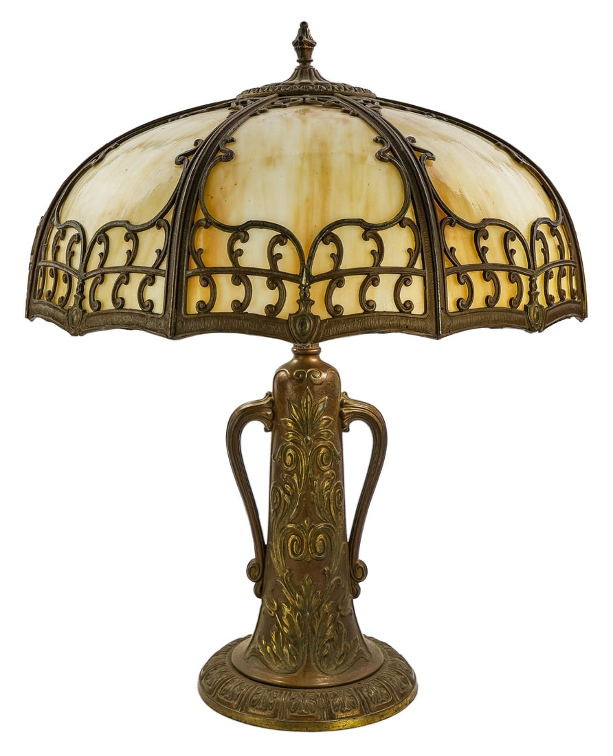 Ca 1910 Curved Slag Glass Panel Table Lamp: Ca 1910 curved slag glass panel table lamp, 8 panel, diameter 18", ht 22"