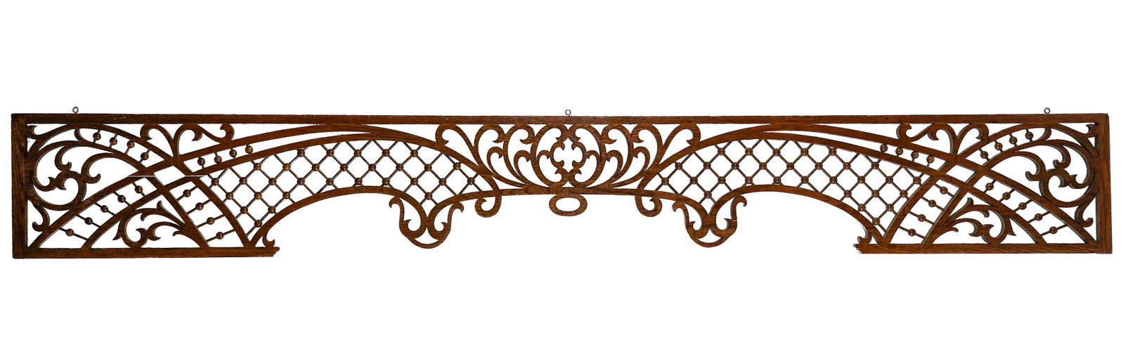 19th c Victorian Oak Fretwork Piece: 19th c Architchtural Spandrewl decorative divider stick and ball fretwork in oak 108 x 14"
