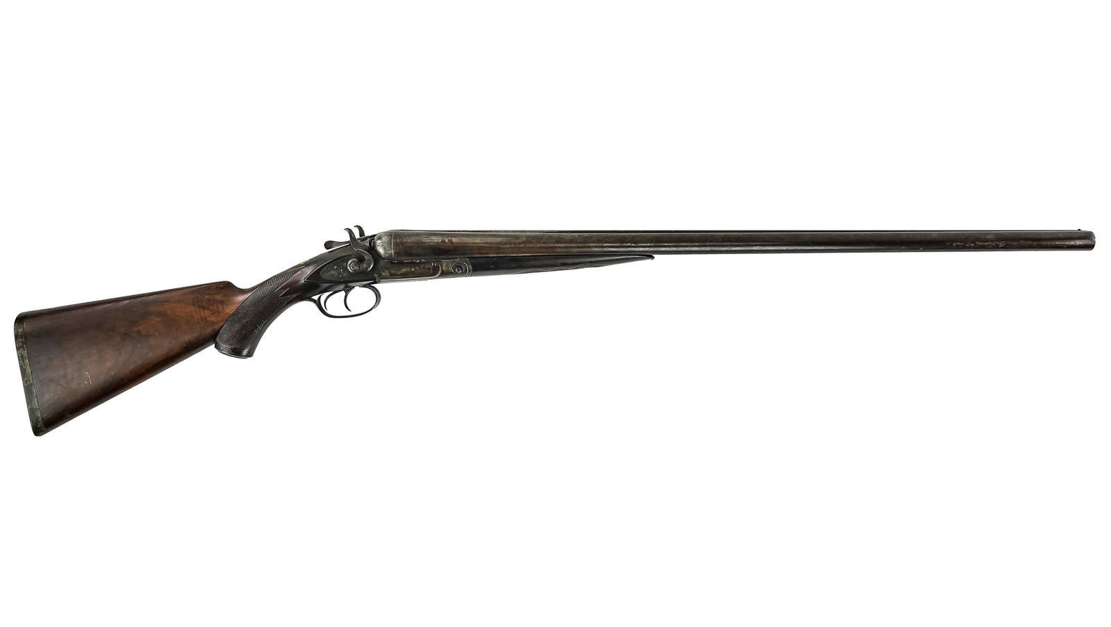 Parker Brothers Grade 2 12 Gauge Shotgun: Circa 1878 Parker Brothers Grade 2 12 Gauge Side by Side Shotgun with lift hammers, Damascus Steel Barrel (NOT FOR MODERN SHELLS) Fine checkered stock with pistol grip, with engraving of quail on reci