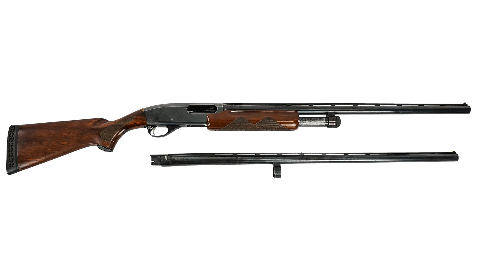 Remington Model 870 Wingmaster Magnum Shotgun: Remington Model 870 Wingmaster Magnum 12 Gauge pump Shotgun with 26" barrel with Remchoke, sold with spare 30" barrel with Full Choke, in good used condition with normal field wear. FFL 0020 - THIS FI