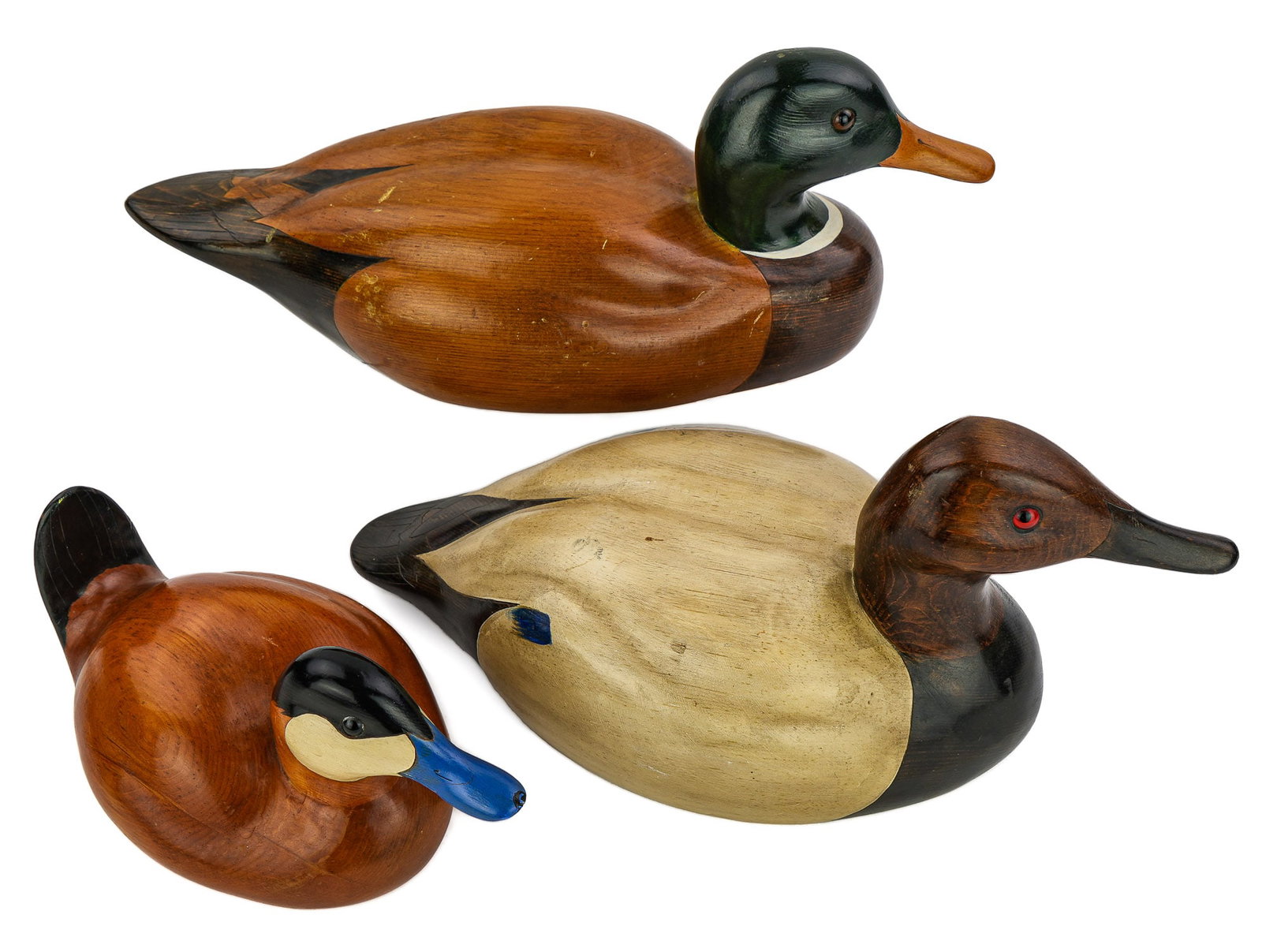 3 Ken Harris Decoys: A group of 3 Ken Harris Vestal, NY. Mallard Drake, Canvasback drake, and Ruddy Duck. All in good condition and signed.