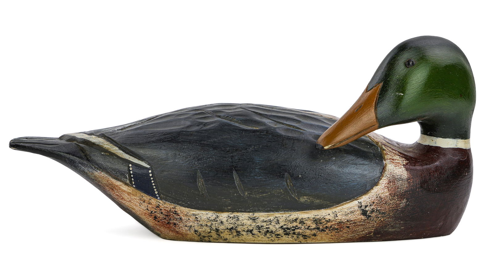 Hank Walker Preening Mallard Decoy: Drake Mallard preening duck decoy signed by Hank Walker Newbury, Massachusetts, 1919-1995. 15" long. Good condition.