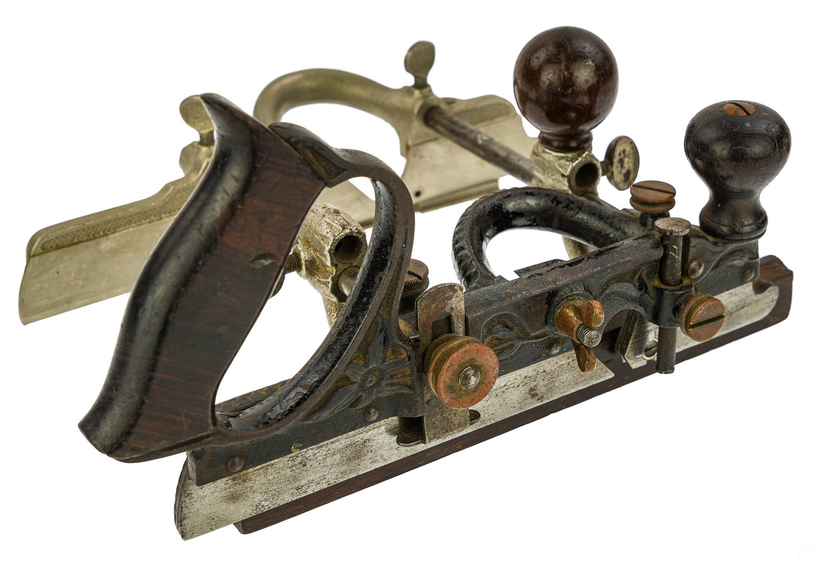Rare 19th c Ornate #45 Plane: 19th c #45 plane with ornate cast iron, rosewood, brass screws, extra rods, 11" long, 9 1/2" wide.