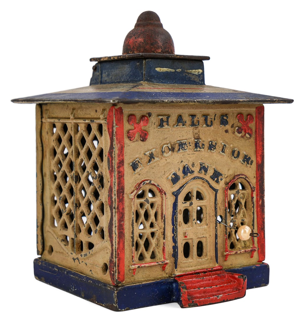Hall's Excelsior Mechanical Bank: Hall's Excelsior Mechanical 19th c bank. Original paint, headless figure on top. 5 1/2" h. Age appropriate wear.