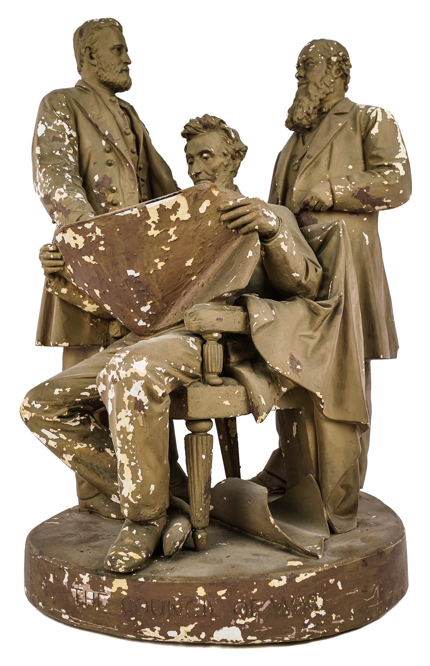 John Roger's Group "Council of War": John Rogers Group "The Council of War" depicting Lincoln, US Grant and Edwin M Stanton discussing strategy, minor loss to Grant's hand overall flaking to finish. 24 x 13 x 12"