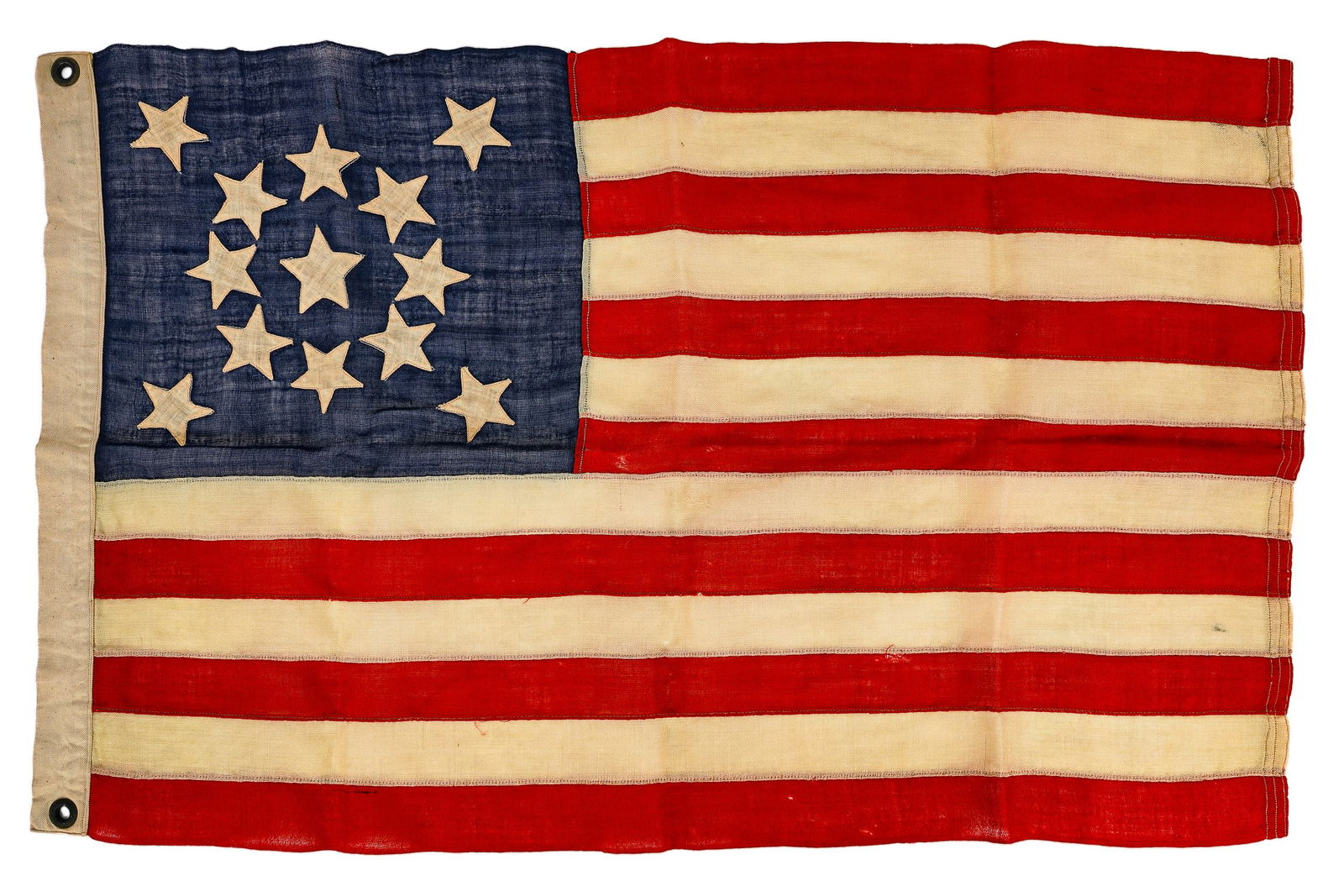 Centennial Era 13 Star "Medallion" Flag: Centennial -Last quarter of the 19th c - treadle machine stitched (With modest irregularities) linen with medallion arrangement in canton- minor losses commensurate with age. Steel grommets in corners