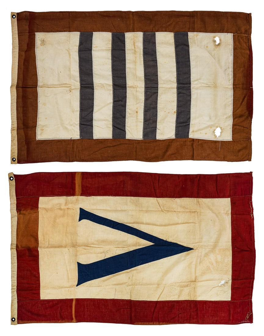 Two WWI Era Liberty Victory Loan Flags: Two WWI Era Wool Victory Liberty Loan Flags - one with machine stitched V, and one with stitched fourth Liberty Loan, each with losses commensurate with age, 52 x 30"