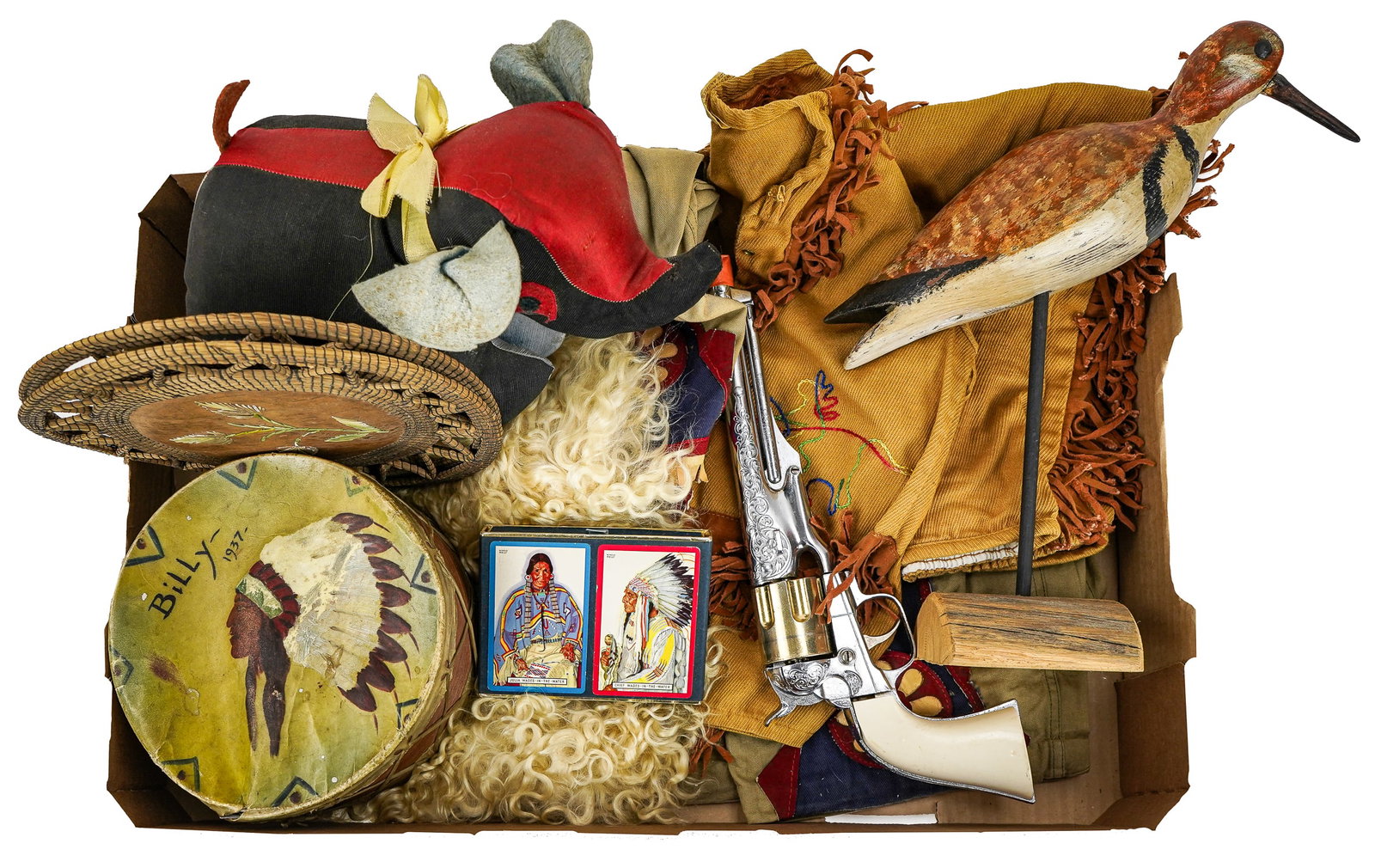 Mixed lot of Western Toys: Lot of Western toys, Including two circa 1950's Children's "Indian" costumes in an indelicate style. Child's Sheepskin chaps, Hubley "Colt 45" Toy M.1861 Army replica with engraving and faux ivory gri