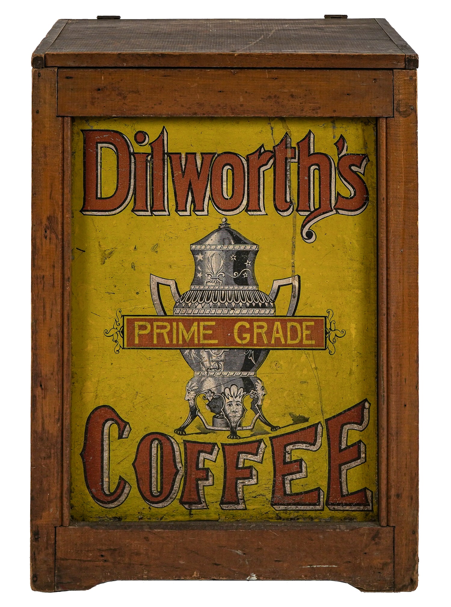 Dillworth's Prime Grade Coffee Store Bin: Dillworth's Prime Grade Coffee store box, wood and colorful tin litho front panel, 32" x 21" x 19"