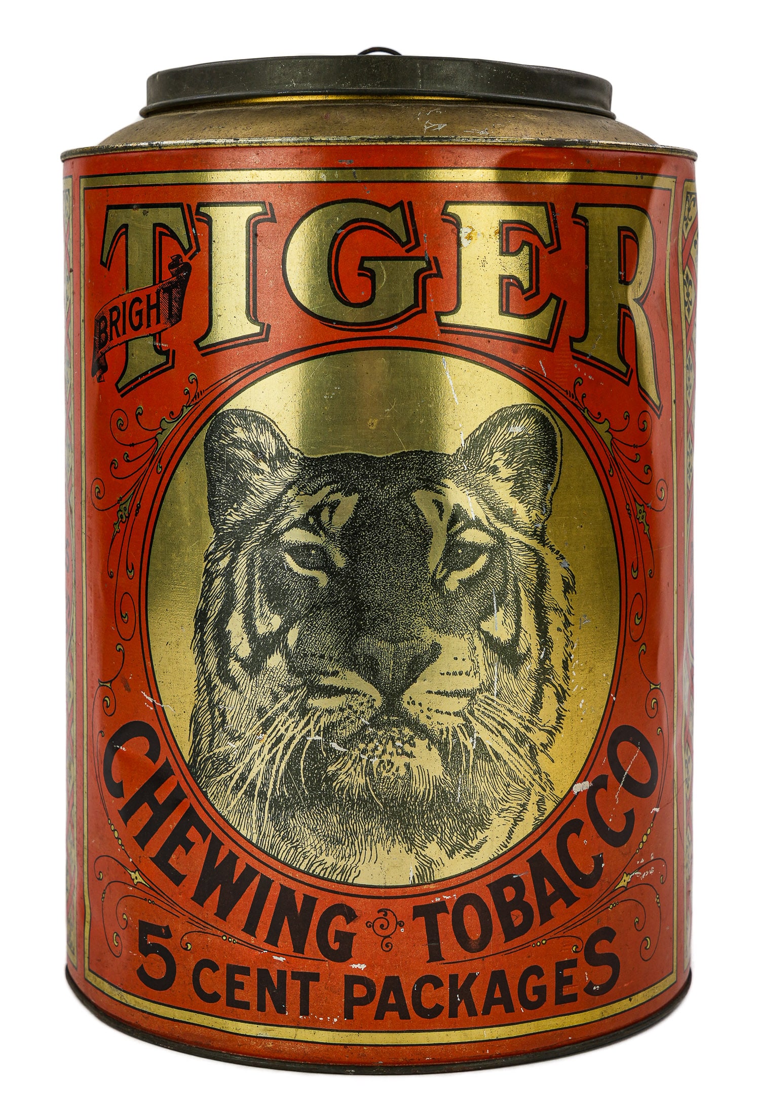 Tiger Chewing Tobacco 5 lb Store Tin: Tiger Chewing Tobacco 5 lb store tin, ht 12", few minor dents