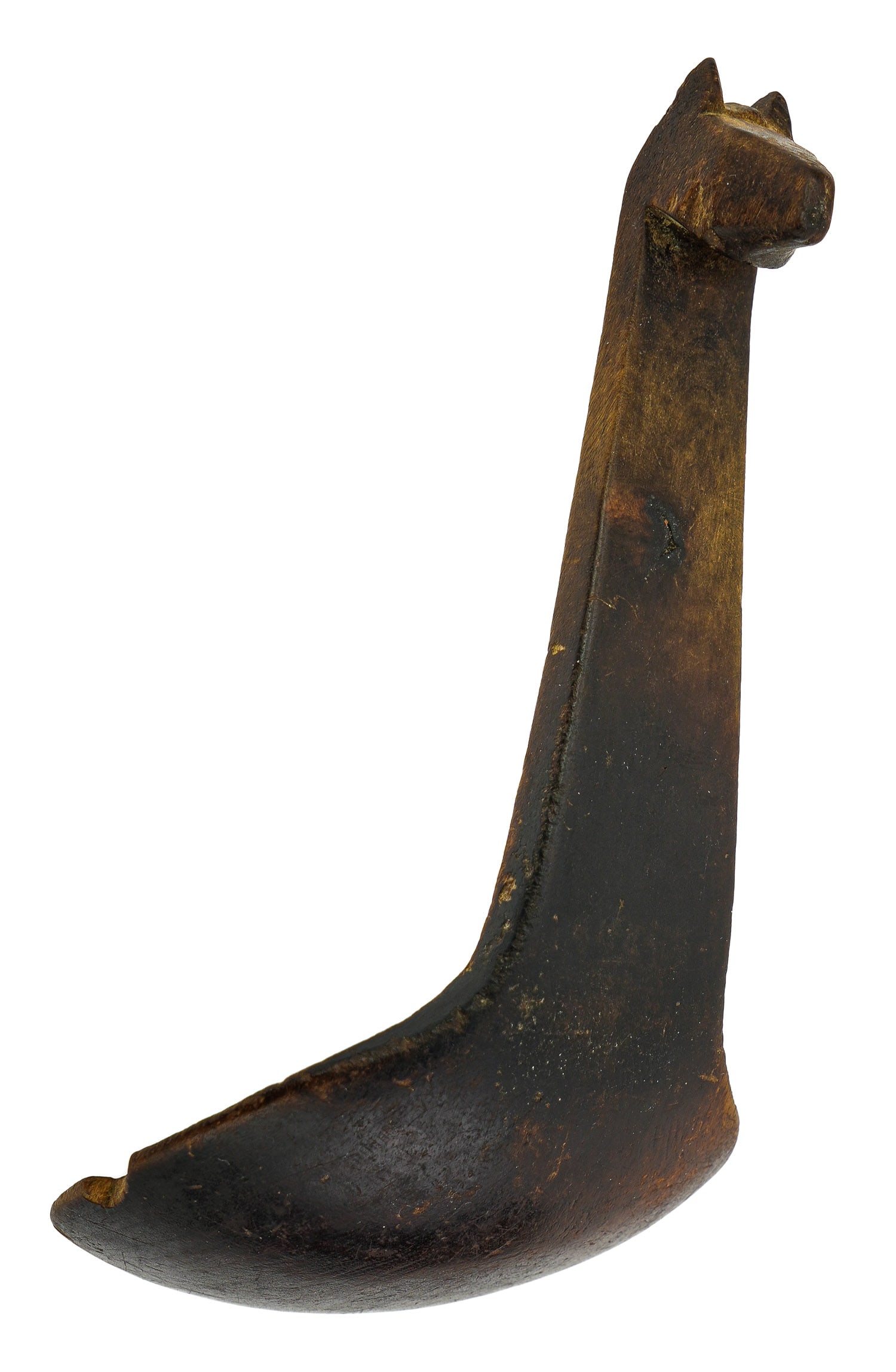 Early Plains Indian Wolf Effigy Ladle: Early Plains Indian Wolf Effigy ladle, carved wood, good patina, has sev small chips, length 8"