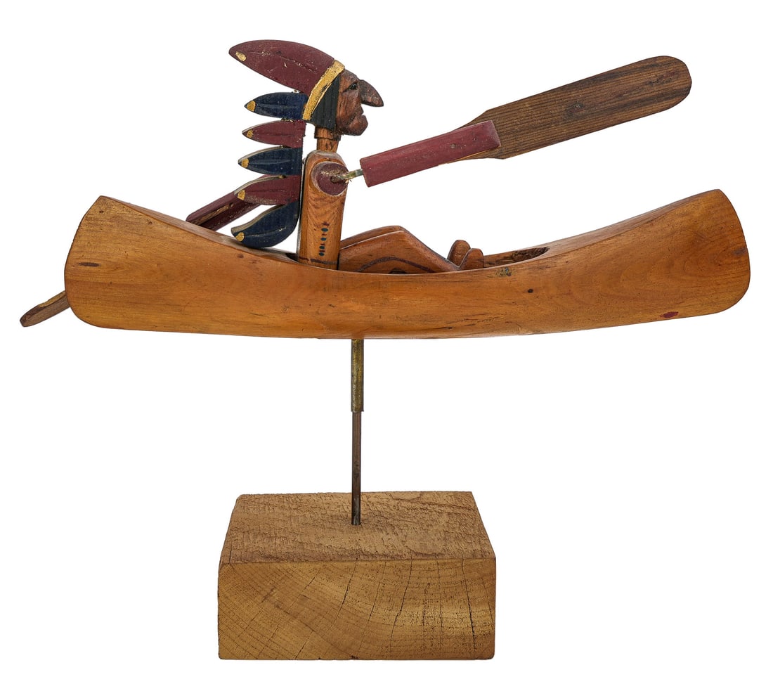 Folk Art Indian in Canoe Miniature Whirlygig: Folk Art Indian in canoe miniature whirlygig, on stand, length 11 1/2"