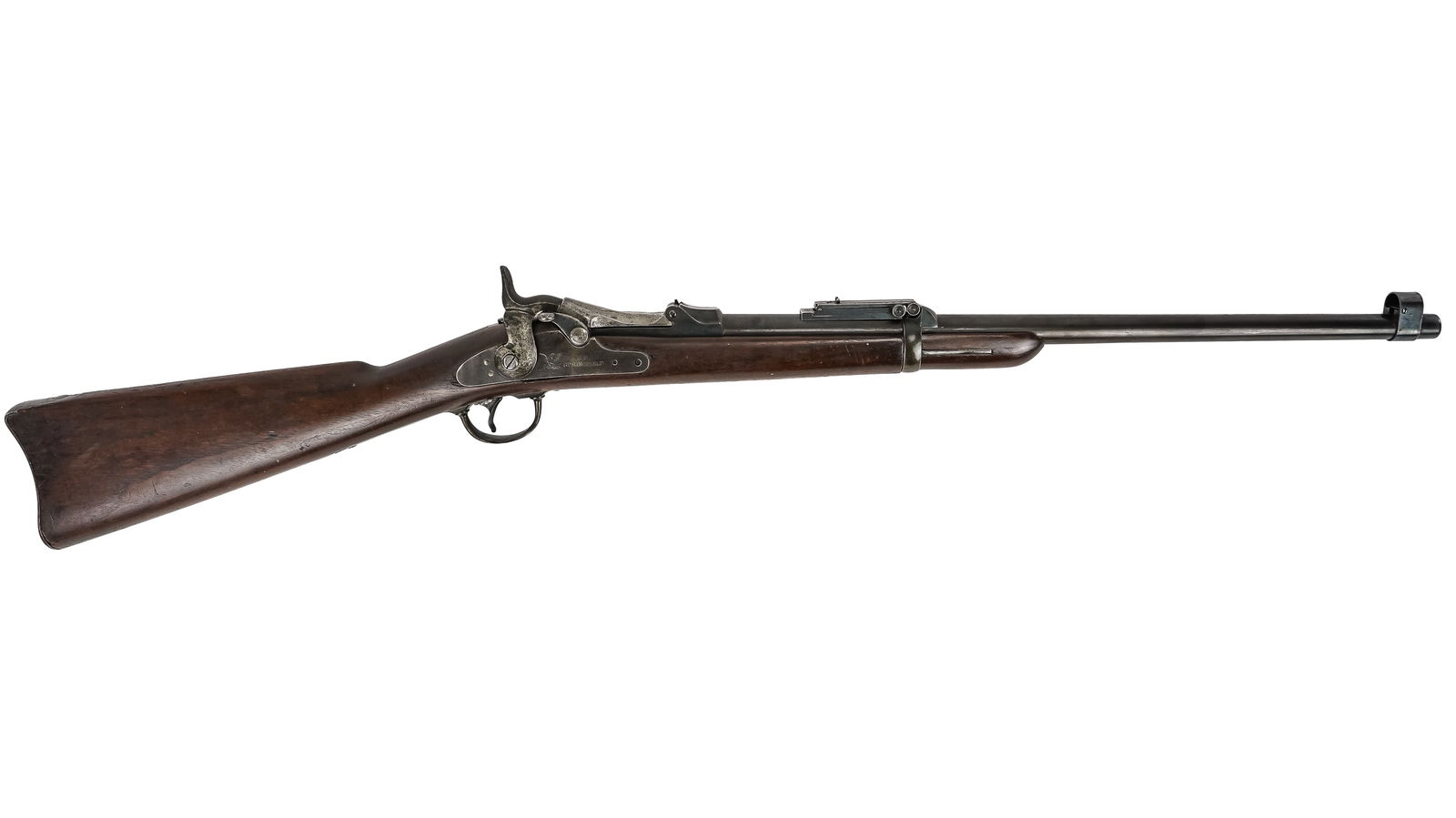 US Model 1884 Springfield "Trapdoor" Carbine: US Model 1884 Springfield "Trapdoor" Carbine in .45-70 Govt. with martial cartouche (SWL 1891) good original condition SN#447437 minor oxidation and dings as shown, (commensurate with age) bore appear