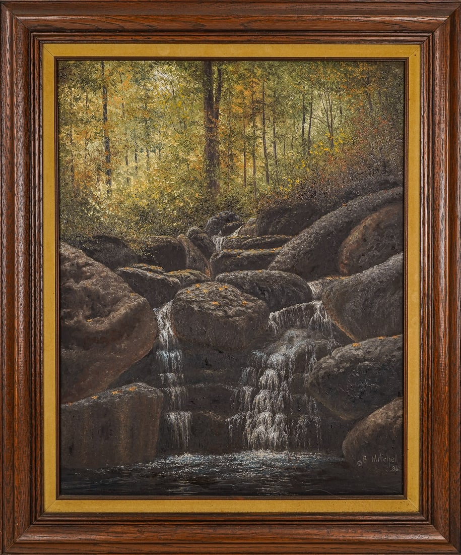 Bruce Mitchell (AM 1912-1995) Keene Valley: Bruce Mitchell (American 1912-1995) Keene Valley oil on canvas signed lower right, signed and identified reverse dated 1987 20 x 16" 25 x 21" as framed.