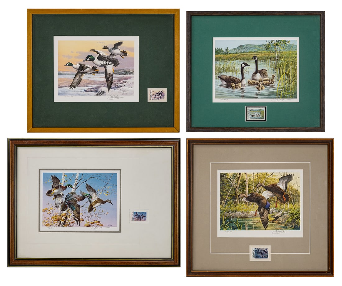 Four Vermont Duck Stamps: Four Vermont Duck Stamps- Four Vermont Duck Stamps with offset lithographs signed by artist Jim Killen with attached stamp. From 15 x 18" to 13 x 15" as framed. 1986,1987,1988 and 1989 stamps with Mal