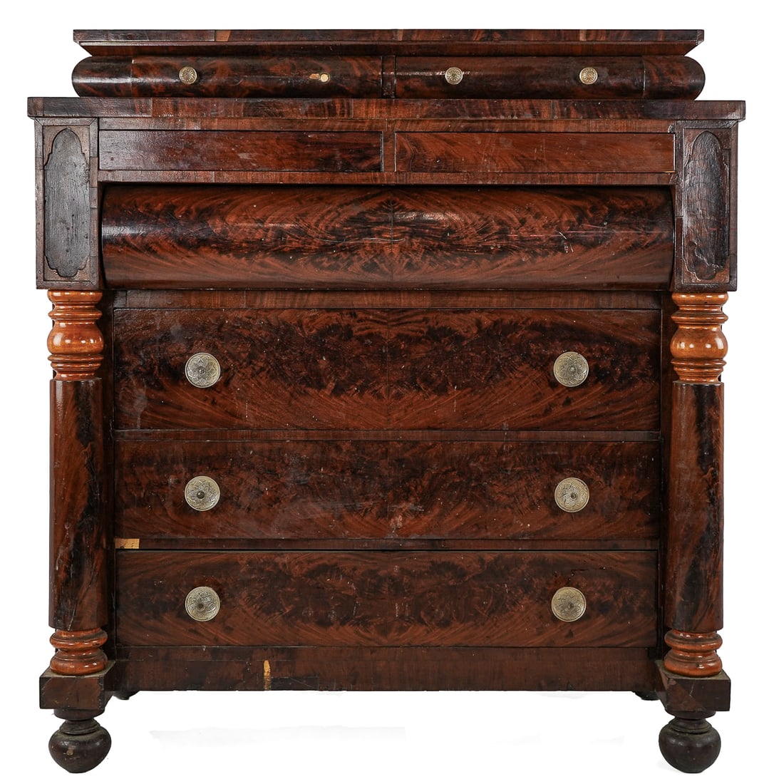 Sheraton Mahogany Deck Top Chest: Sheraton mahogany deck top chest, full tapered columns, 2 drawer deck over 2 drawer over 4 drawer case. Clear sandwich glass pulls. Cherry and pine secondaries. Minor veneer losses. Missing one small 