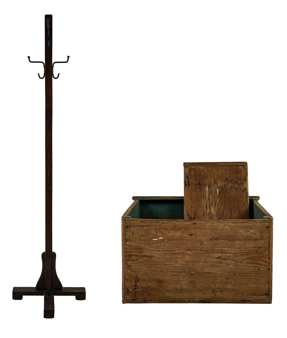 19th c Pine Wood box and hat rack: stripped 19th c Pine Kindling or wood box 22 x 28 x 17" with blue/green interior. Cracks chips and losses commensurate with use, sold with oak arts and crafts style hat rack 66 x 18 x 18"