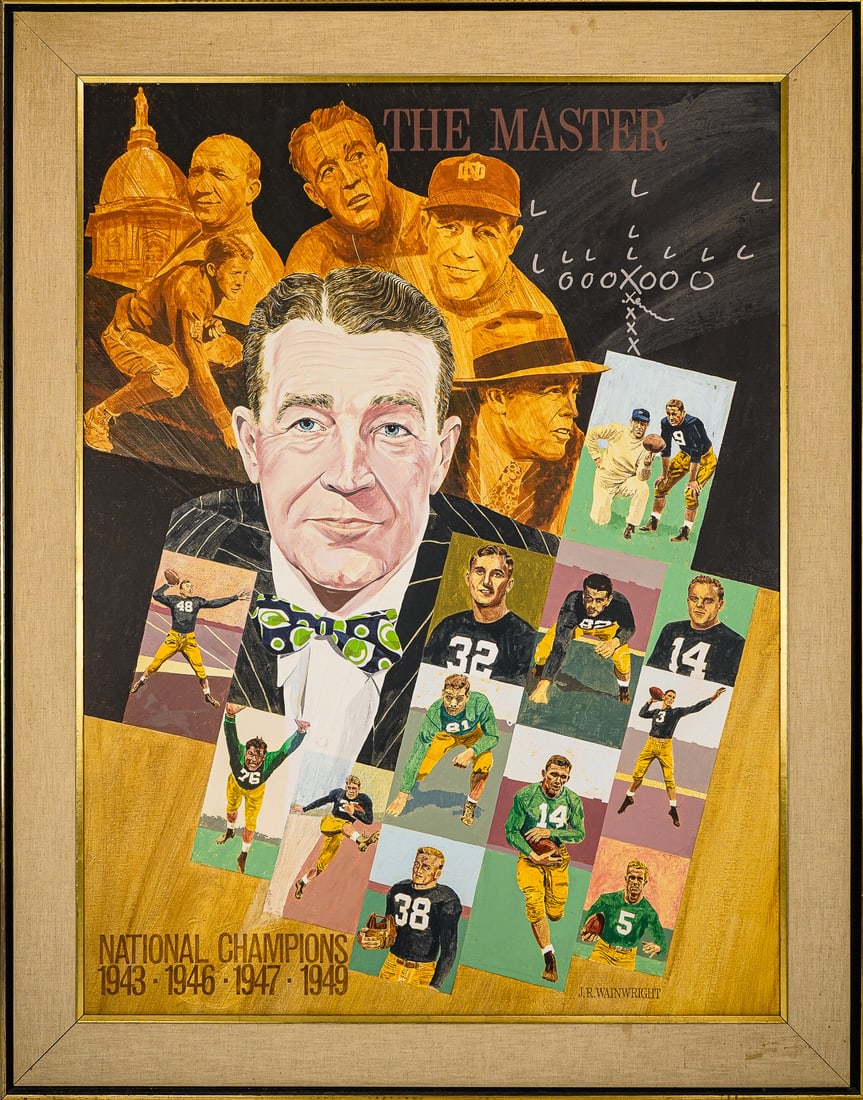 O/C Notre Dame Football by J R Wainwright: Oil on canvas titled "The Master", painted by J R Wainwright (Am. 1935-1021) featuring Notre Dame Coach Frank Leahy, his staff, players, and National Champions 1943, 1946, 1947, and 1949. 30" x 39".