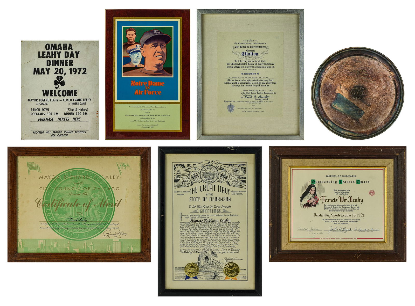 Frank Leahy Awards: A group of Frank Leahy, Football H.O.F, Notre Dame coach personal awards. Including 1973 Presentation Notre Dame vs. Air Force, Omaha Leahy Day Dinner 1972 broadside, March 1970 s.p tray from National