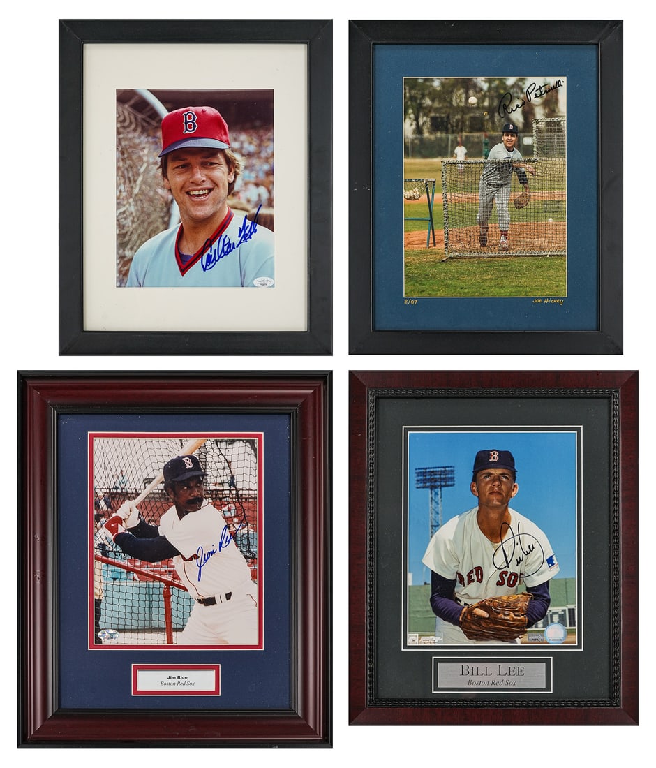 4 1970's Era Signed Red Sox Photographs: A group of 4 1970's era Red Sox autographed photo's including Carlton Fisk, Bill Lee, Rico Petricelli, and Jim Rice. All in approx. 15" x 17" frames and matting.