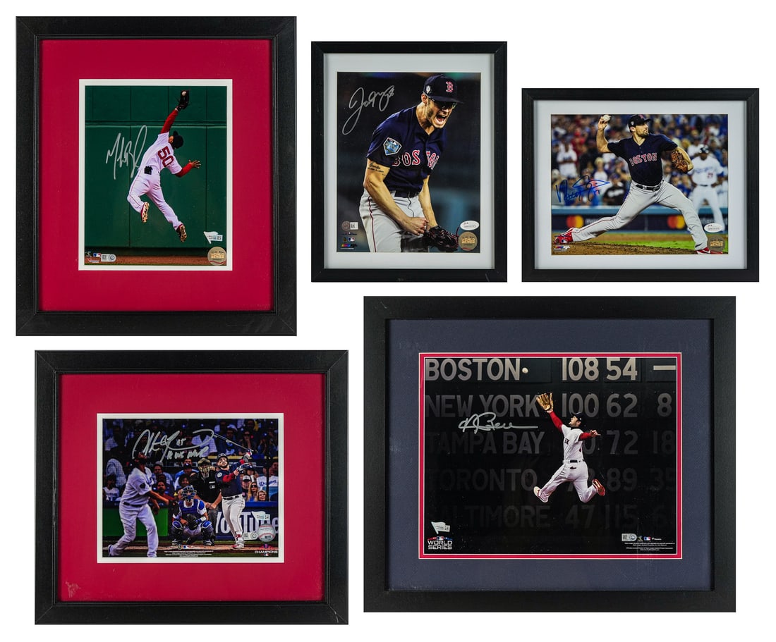 5 2018 Red Sox World Series Autographed Photos: A group of 5 framed autographed Red Sox photos including 2018 Steve Pearce MVP, Joe Kelly, Nathan Eovaldi, Mookie Betts, Andrew Benintendi.