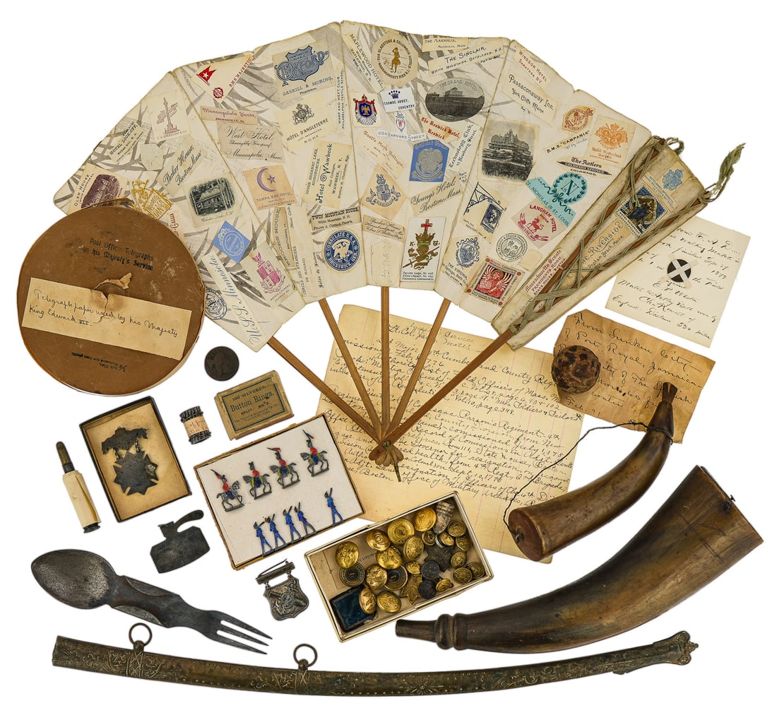 Ranlett Family Military, Souvenirs, Etc: Ranlett family souvenirs, including two Ranlett family powder horns (unmarked), 1795 large cent, War of 1812 coin silver hatchet shaped medal engraved "T Wells War declared 18 June 1812 Peace Ratified