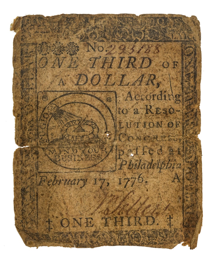1776 Continental Currency 1/3 Dollar: 1776 Continental Currency 1/3 dollar, printed by Hall and Sellers, Philadelphia, signed by Sellers, not graded