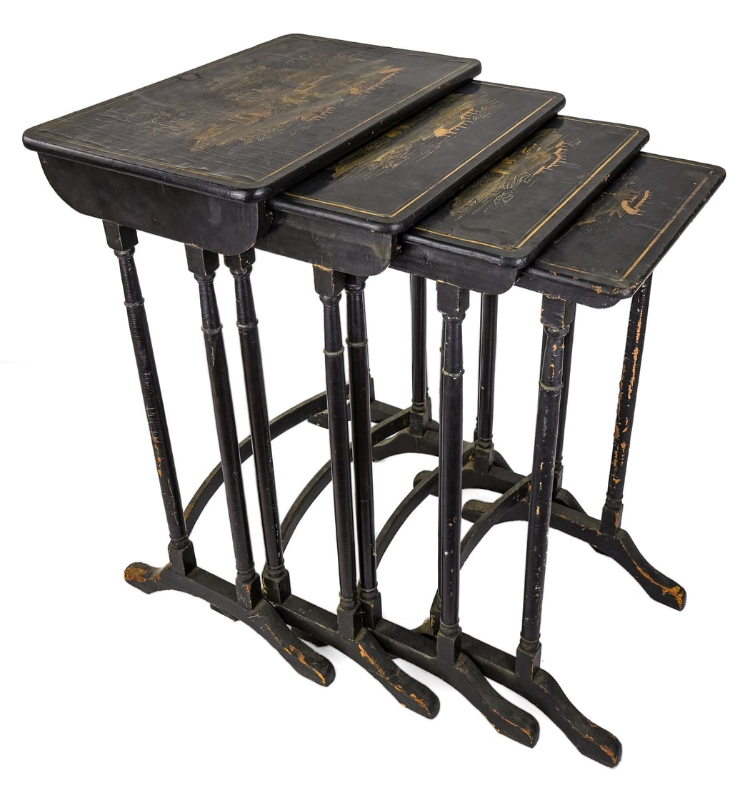 19th c Chinese Lacquered Nesting Tables: Nest of 4 Chinoiserie decorated nesting tables, black lacquer with gilt landscape scenes. 19" x 12" x 28" h.- largest. Crazing to surfaces, wear to feet, good condition for age.